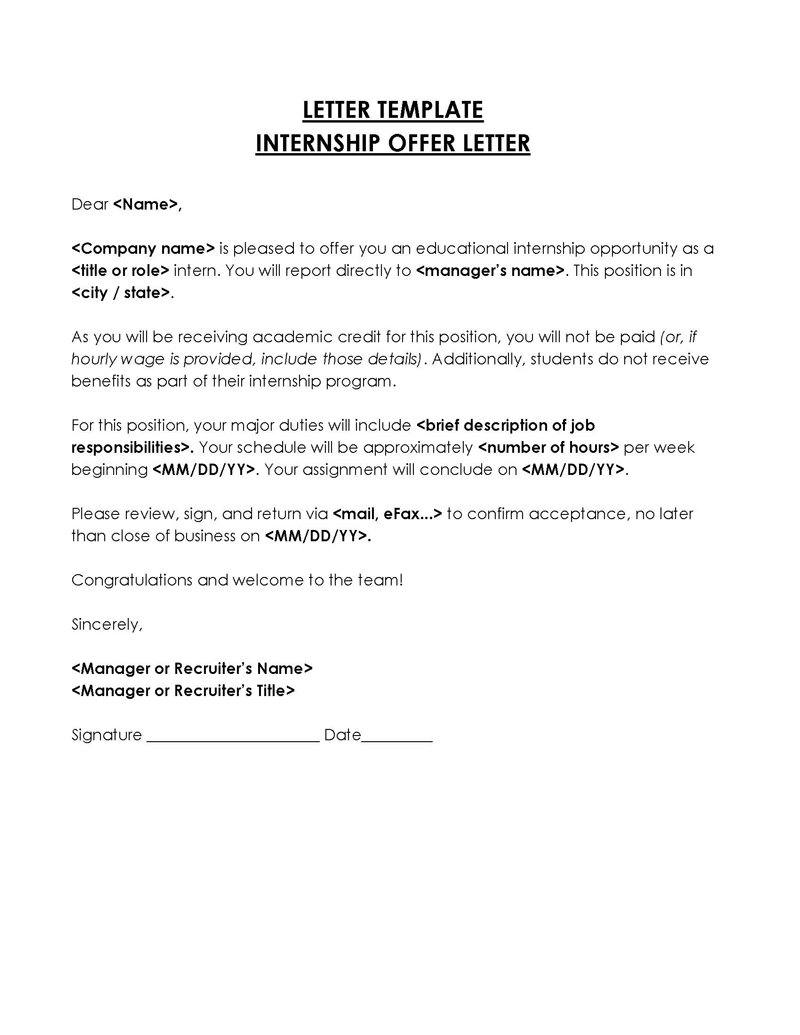 unpaid internship offer letter sample