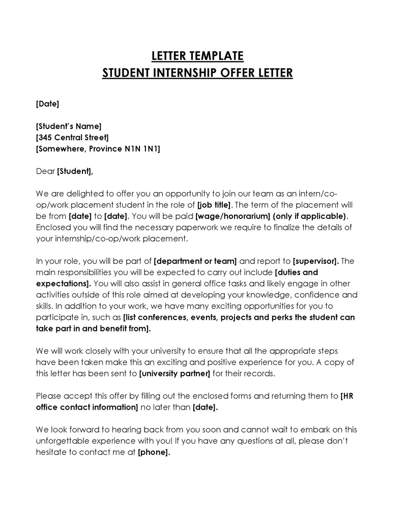 Printable Internship Offer Letter Sample