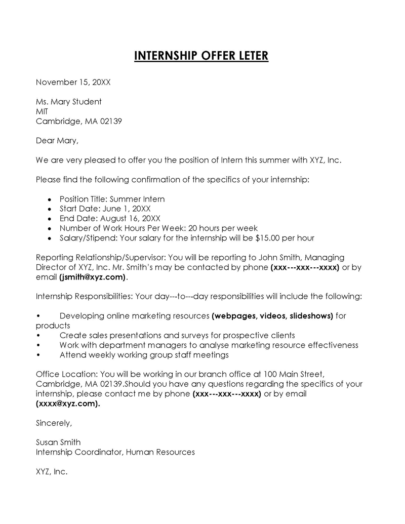 intern offer letter shrm
