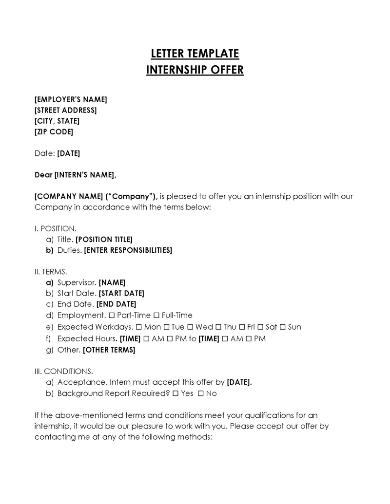 Free Printable Internship Offer Letter