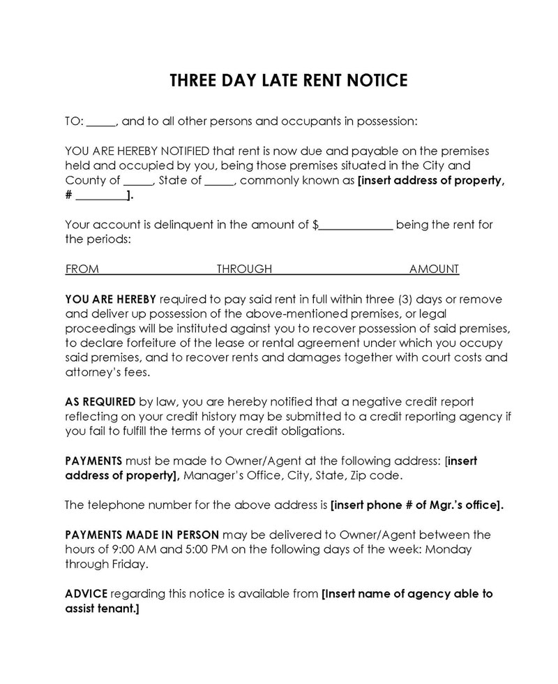 Great Editable 3 Days Late Rent Notice Template 03 for Word Document