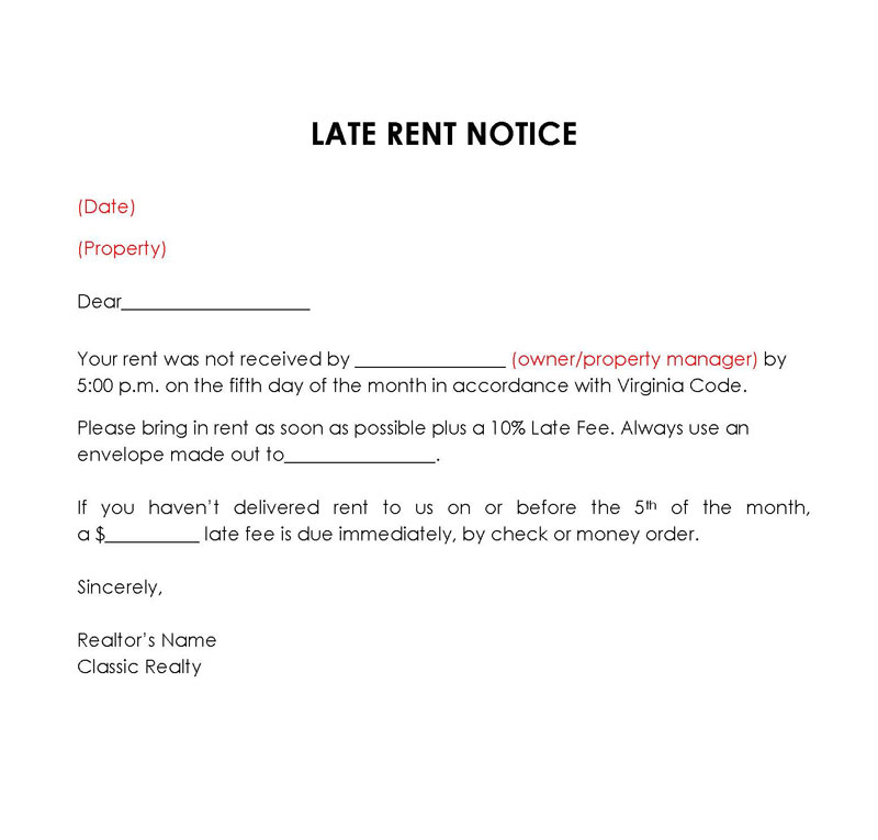 Great Editable 5 Days Late Rent Notice Template 04 for Word Document