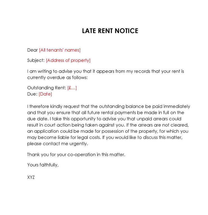 Free Downloadable General Late Rent Notice Template 07 for Word File