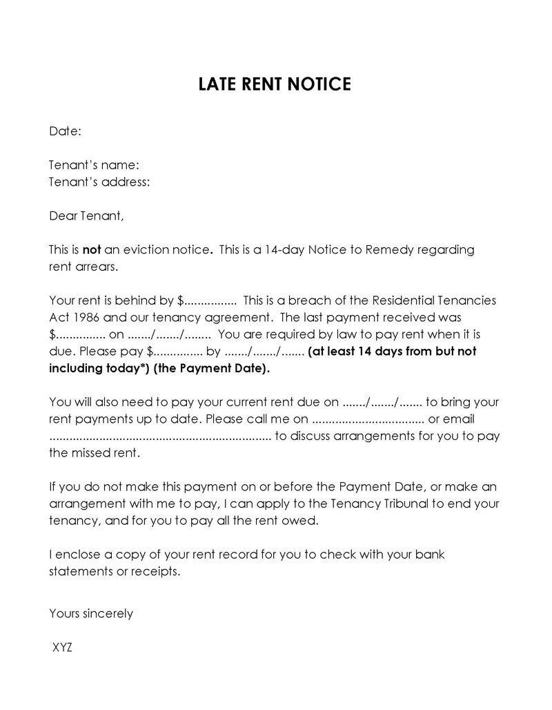 Free Editable 14 Days Late Rent Notice Template 02 for Word Document