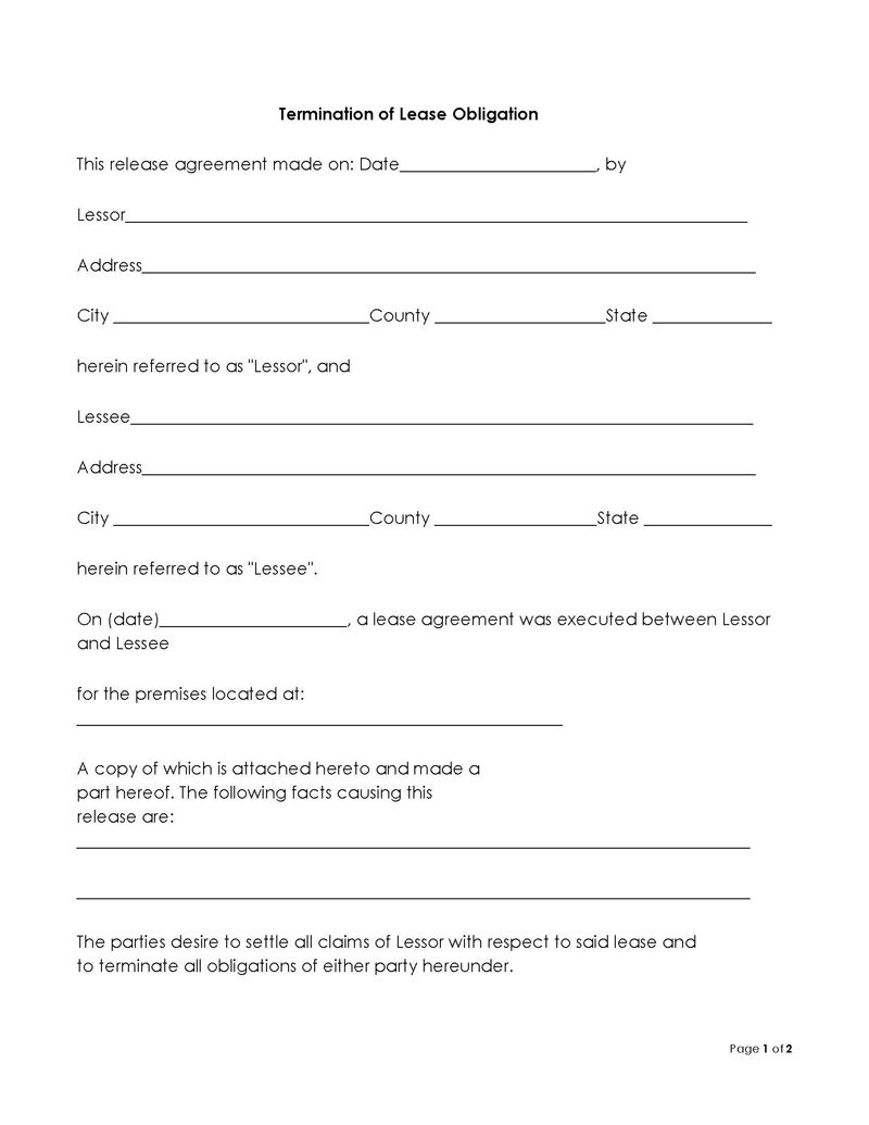 Free Termination of Lease Obligation Form for Word Format
