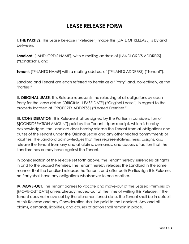 Free Lease Release Form for Word Format