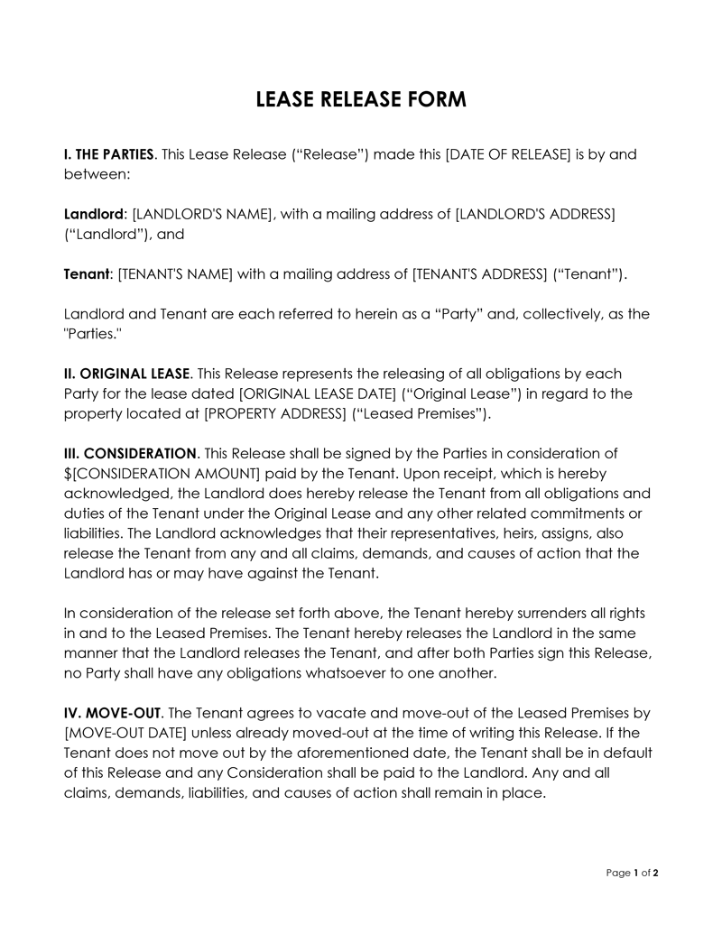 Free Lease Release Form Word Template