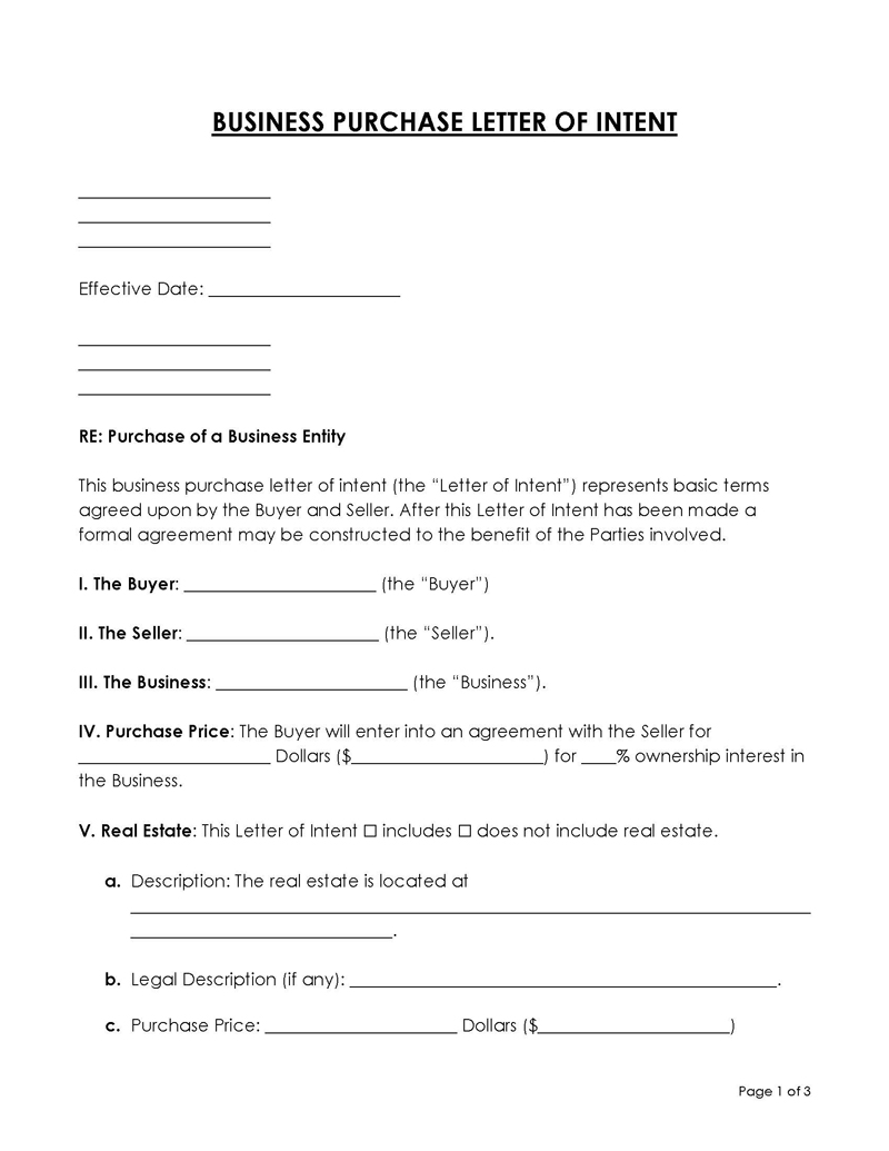 Free Letter of Intent to Purchase Business Word Template