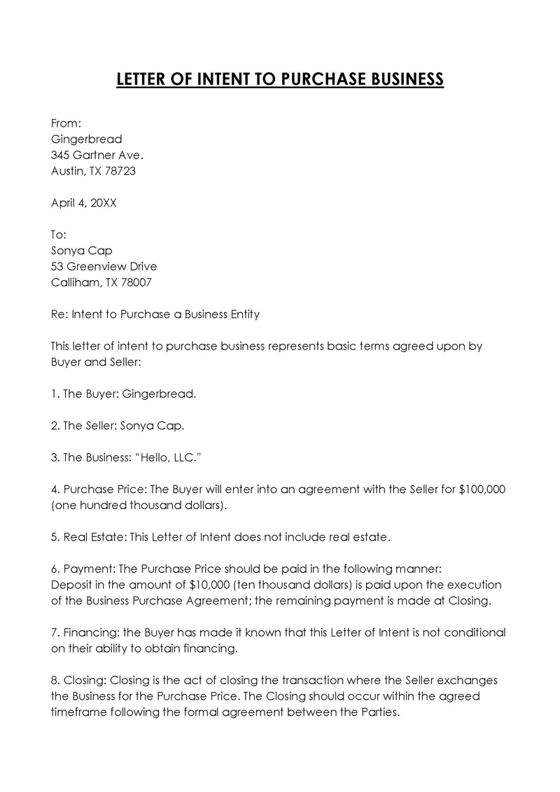 sample letter of intent to purchase business assets