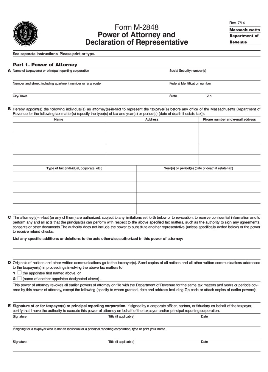 Free Massachusetts Department of Revenue Power of Attorney Form - Word Document