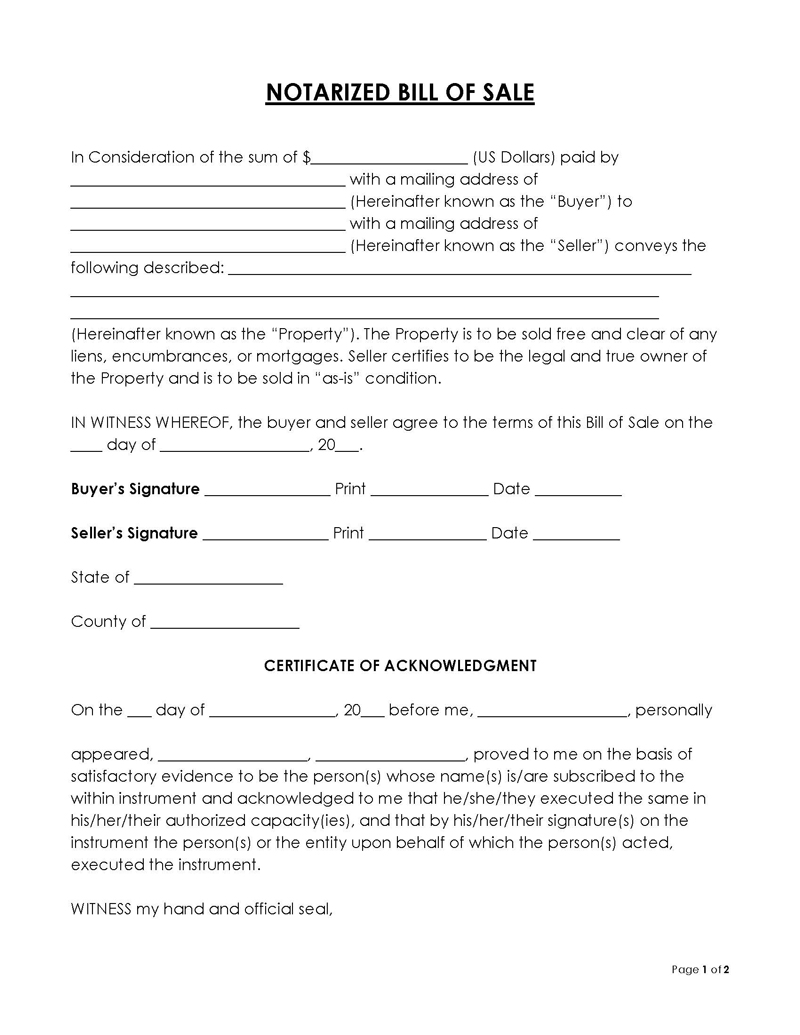 Free Editable Notarized Bill of Sale Template with Certificate of Acknowledgement as Word File