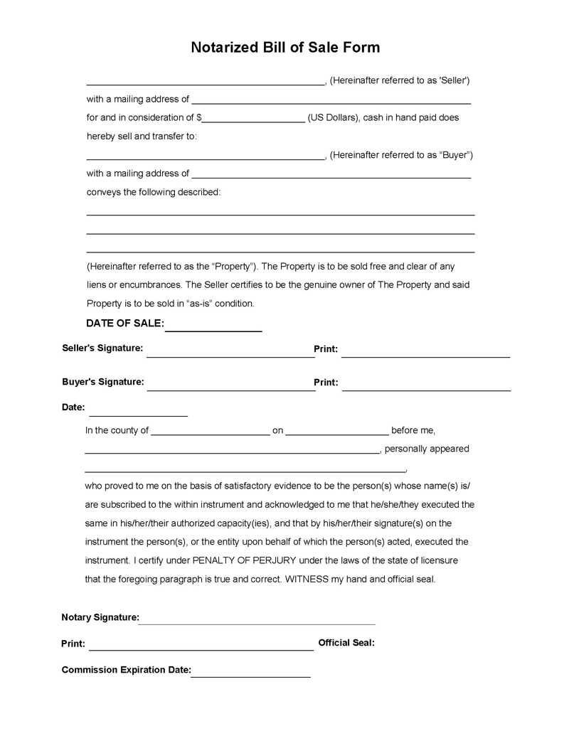 Great Printable Notarized Bill of Sale Form as Pdf File