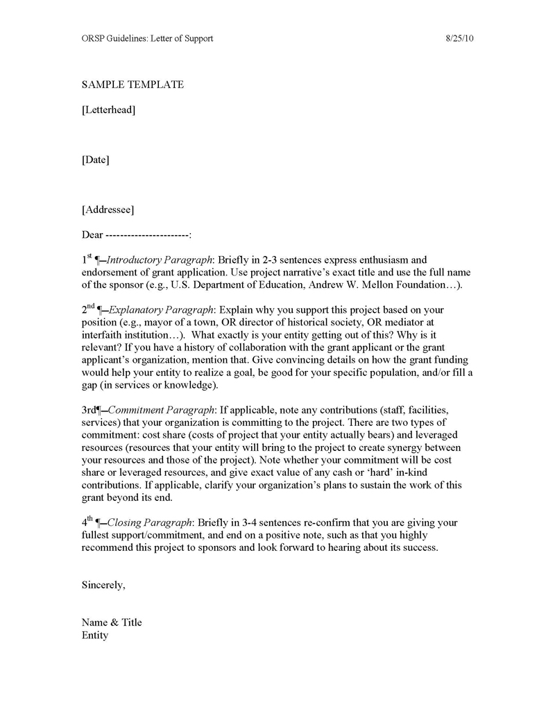 Free Downloadable Letter of Support for Grant Template