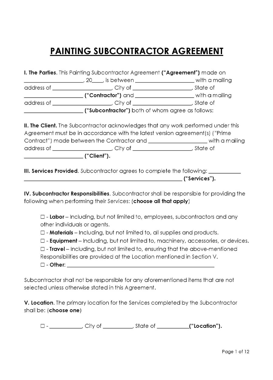 Painting Subcontractor Agreement Template Free