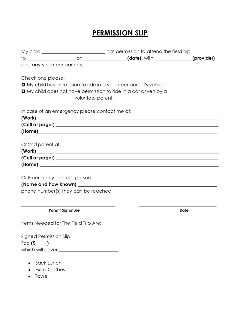 Editable permission slip form