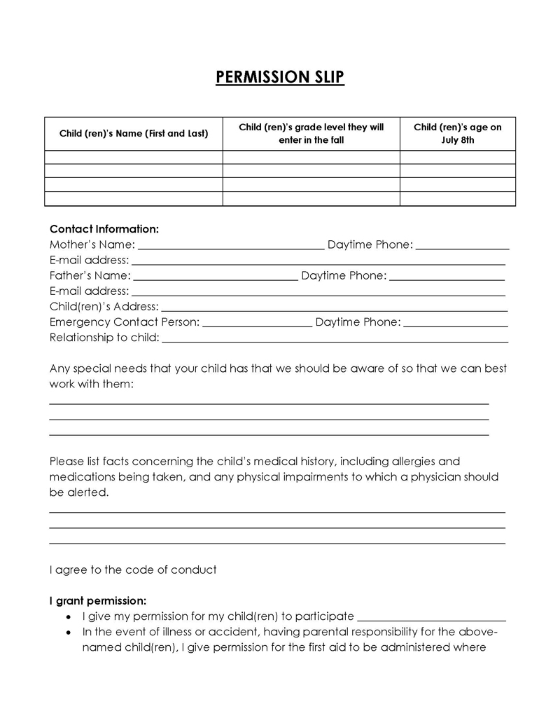 Permission slip template with customizable sections