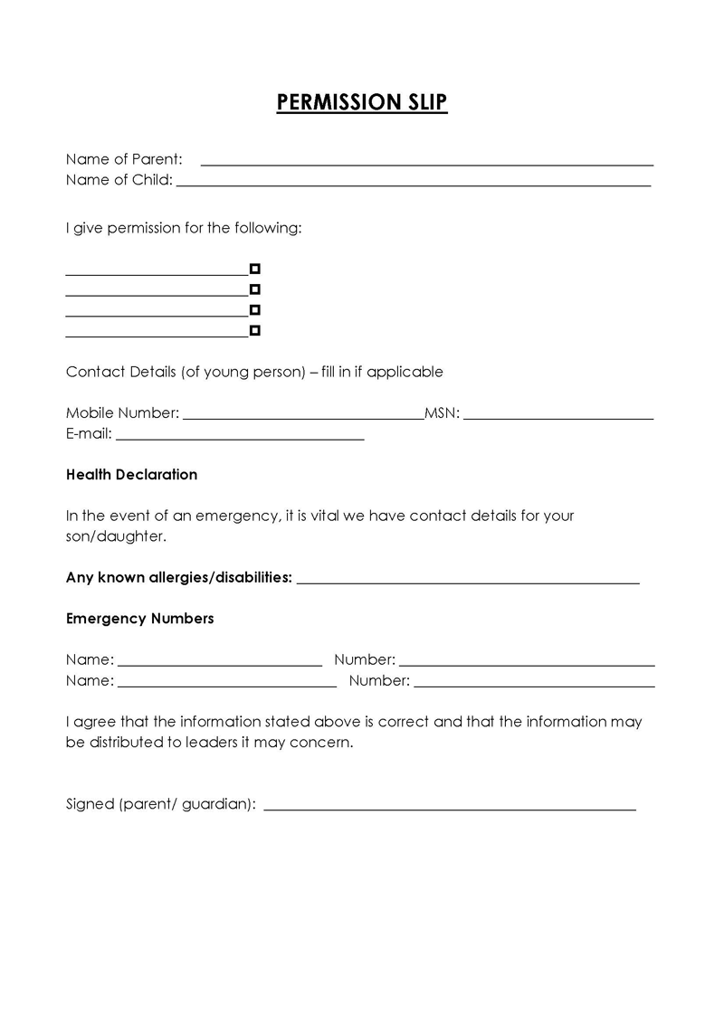 Permission slip template with easy editing options