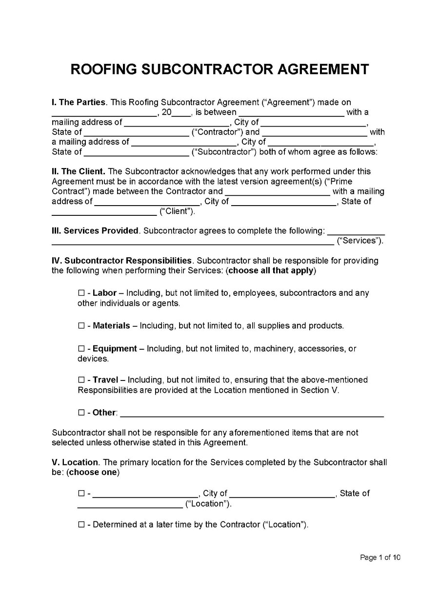 Roofing Subcontractor Agreement Template Free