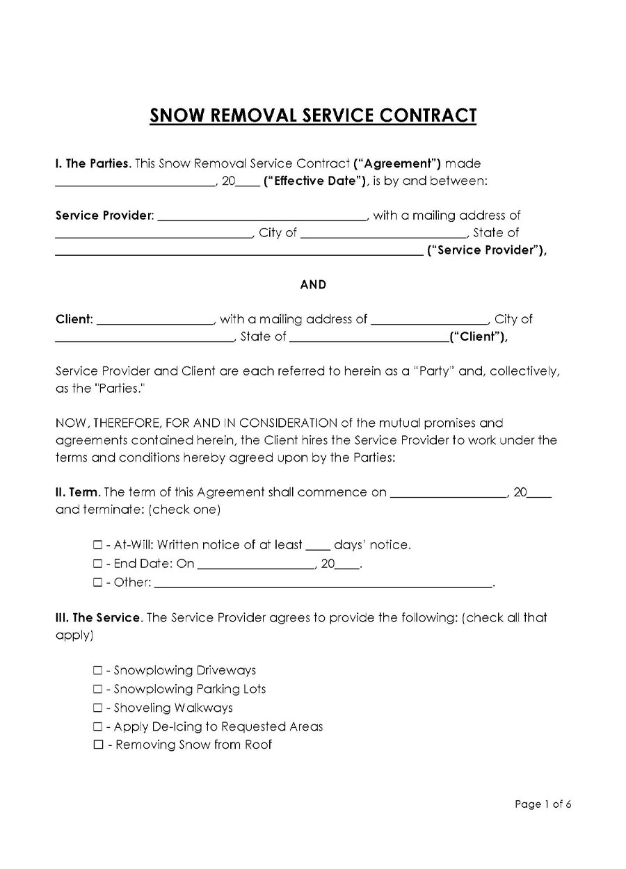 Snow Removal Service Contract Template Free