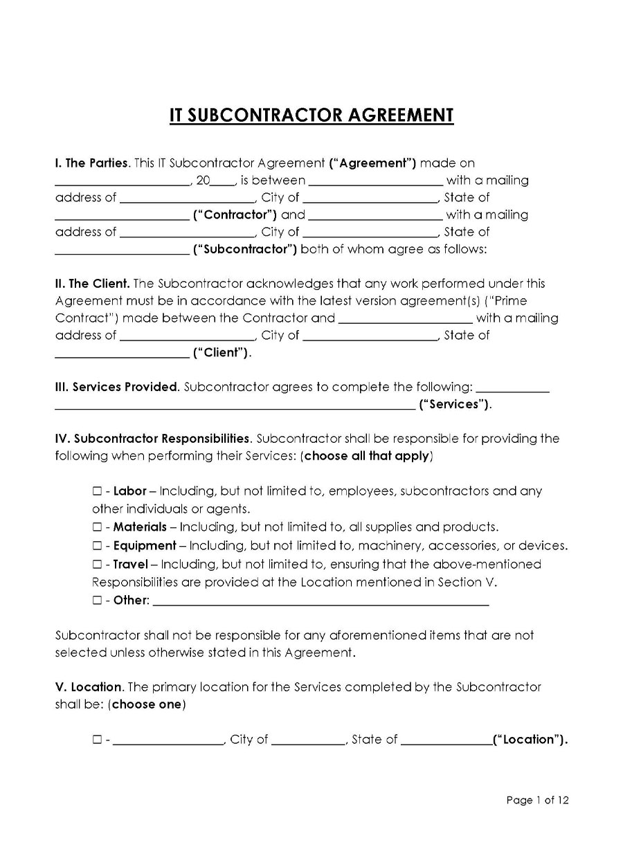 IT Subcontractor Agreement Template Free
