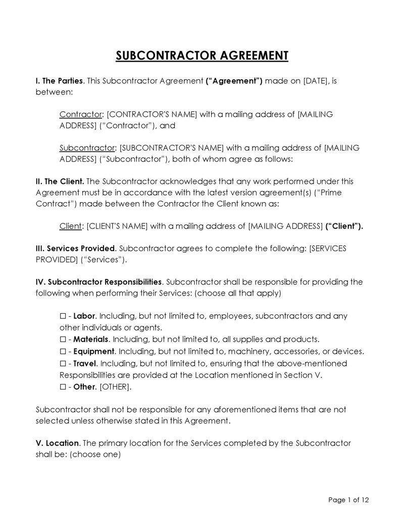 Subcontractor Agreement Template Free