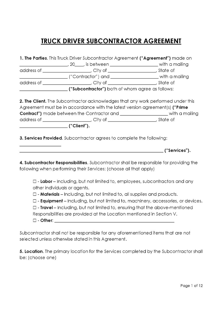 Truck Driver Subcontractor Agreement Template Free