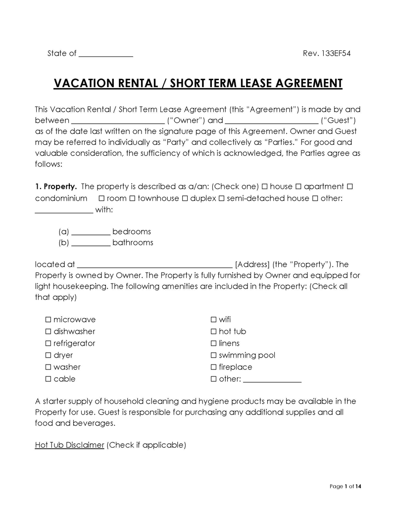 Free Editable Short Term Rental Lease Agreement Sample 01 in Word Format