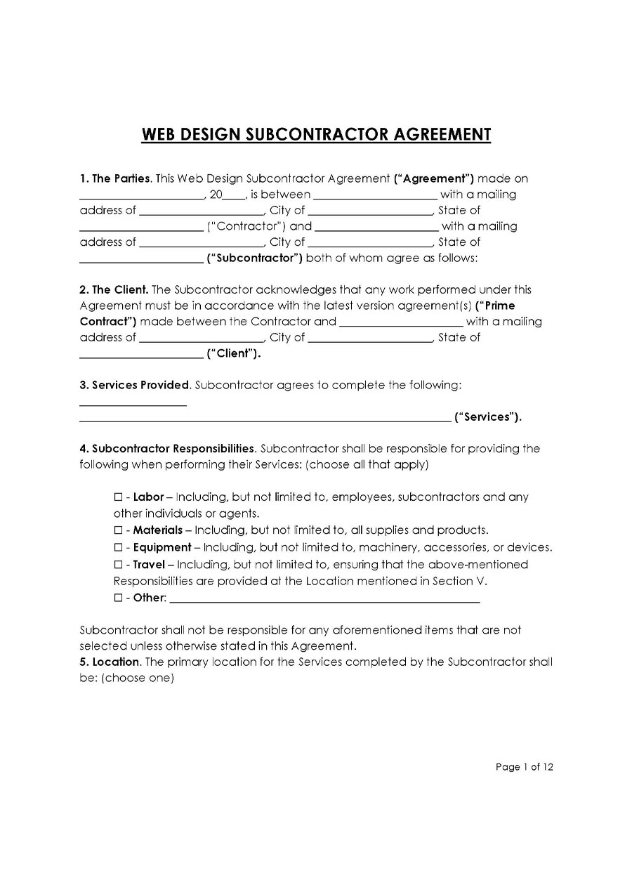 Web Design Subcontractor Agreement Template Free