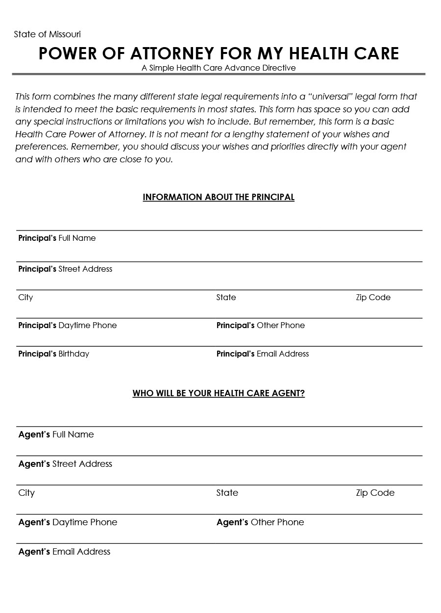 Great Customizable Missouri Advance Directive Power of Attorney Form as Word Format