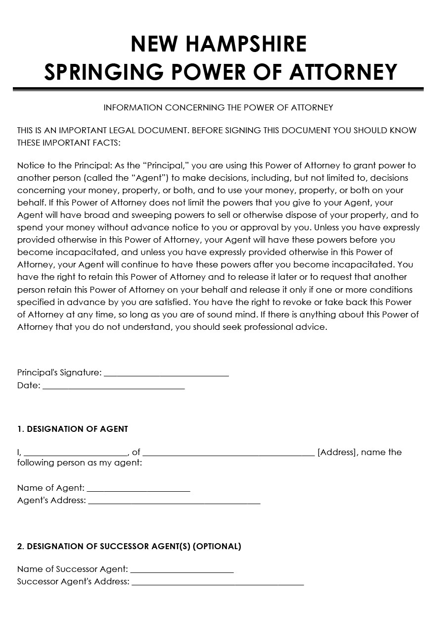 Print-Ready New Hampshire Springing Power of Attorney Template
