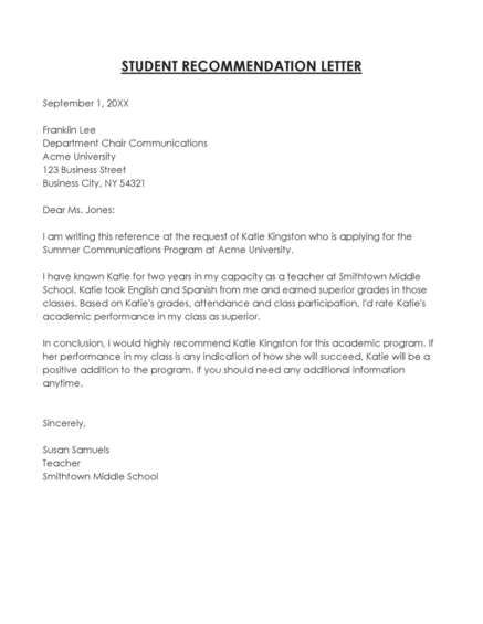 30 Free Letter of Recommendation for Student Templates