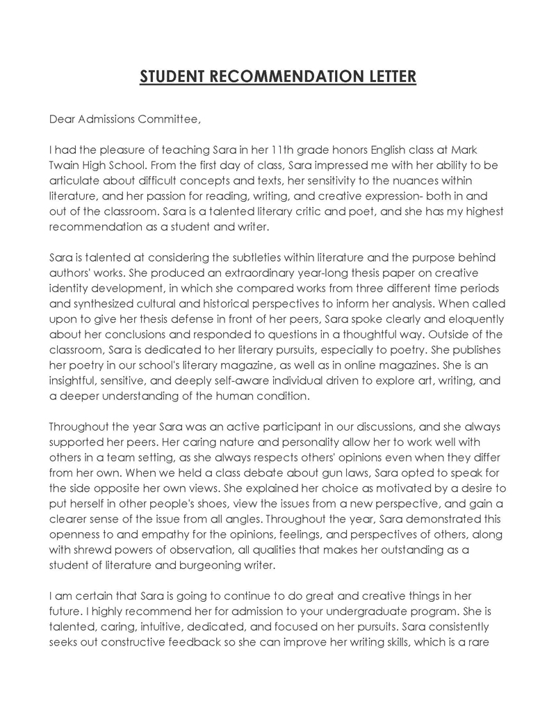 Student recommendation letter template