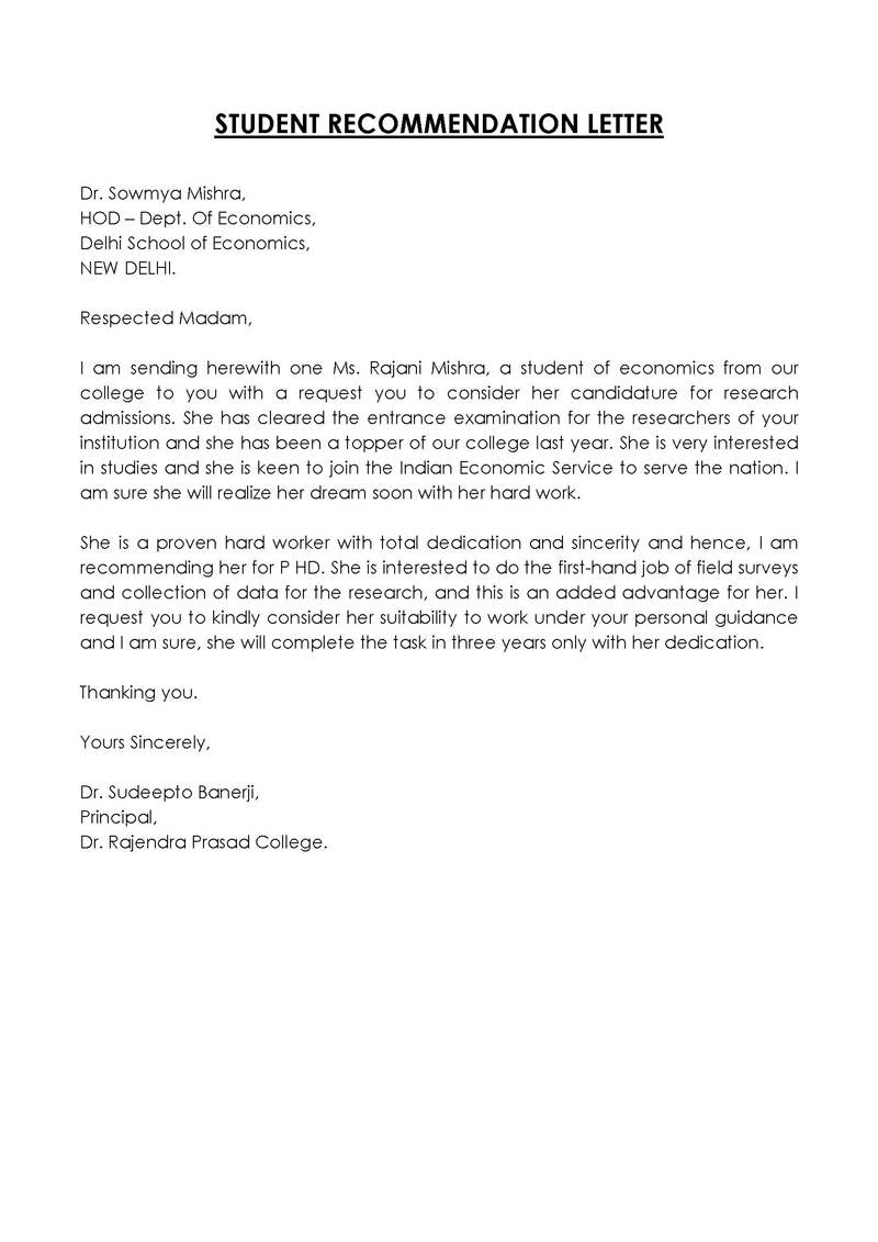 Free recommendation letter template for student