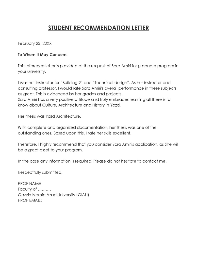 Word recommendation letter template for student