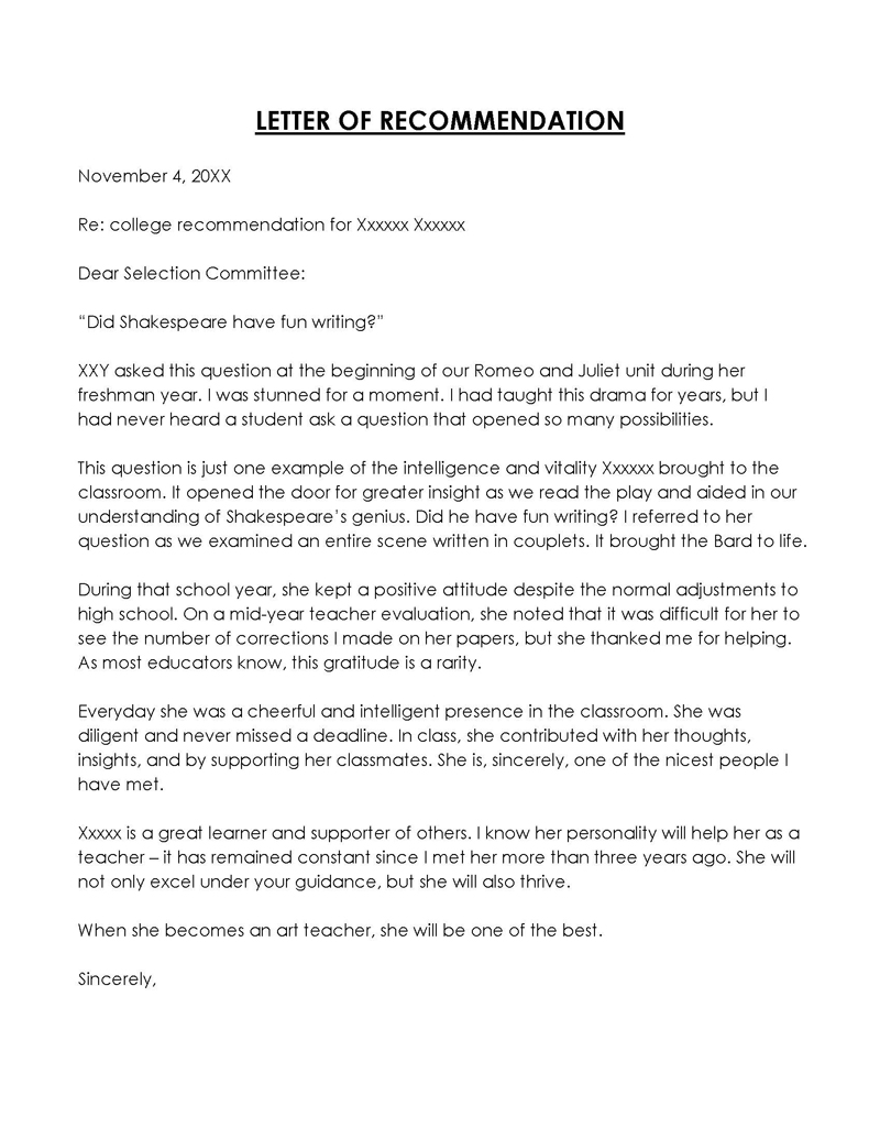 Word student recommendation letter sample