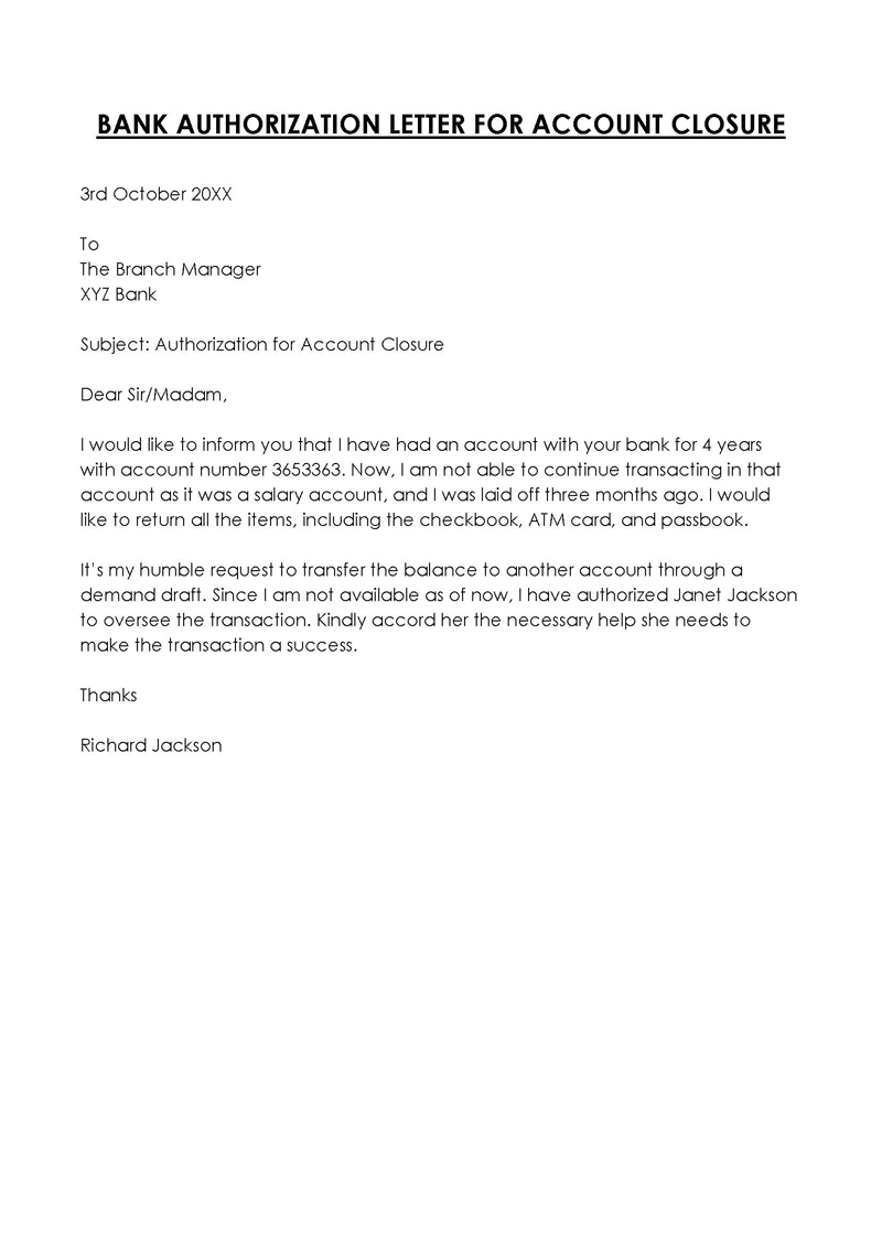  bank authorization letter for account closure