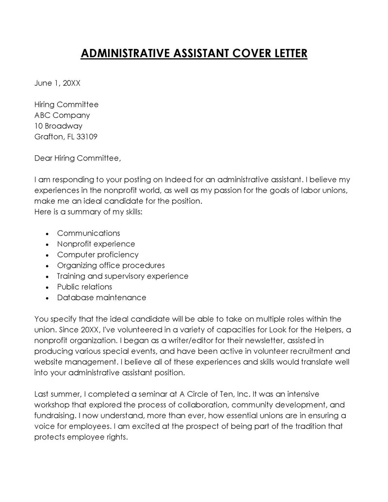 Editable Administrative Assistant Cover Letter Sample