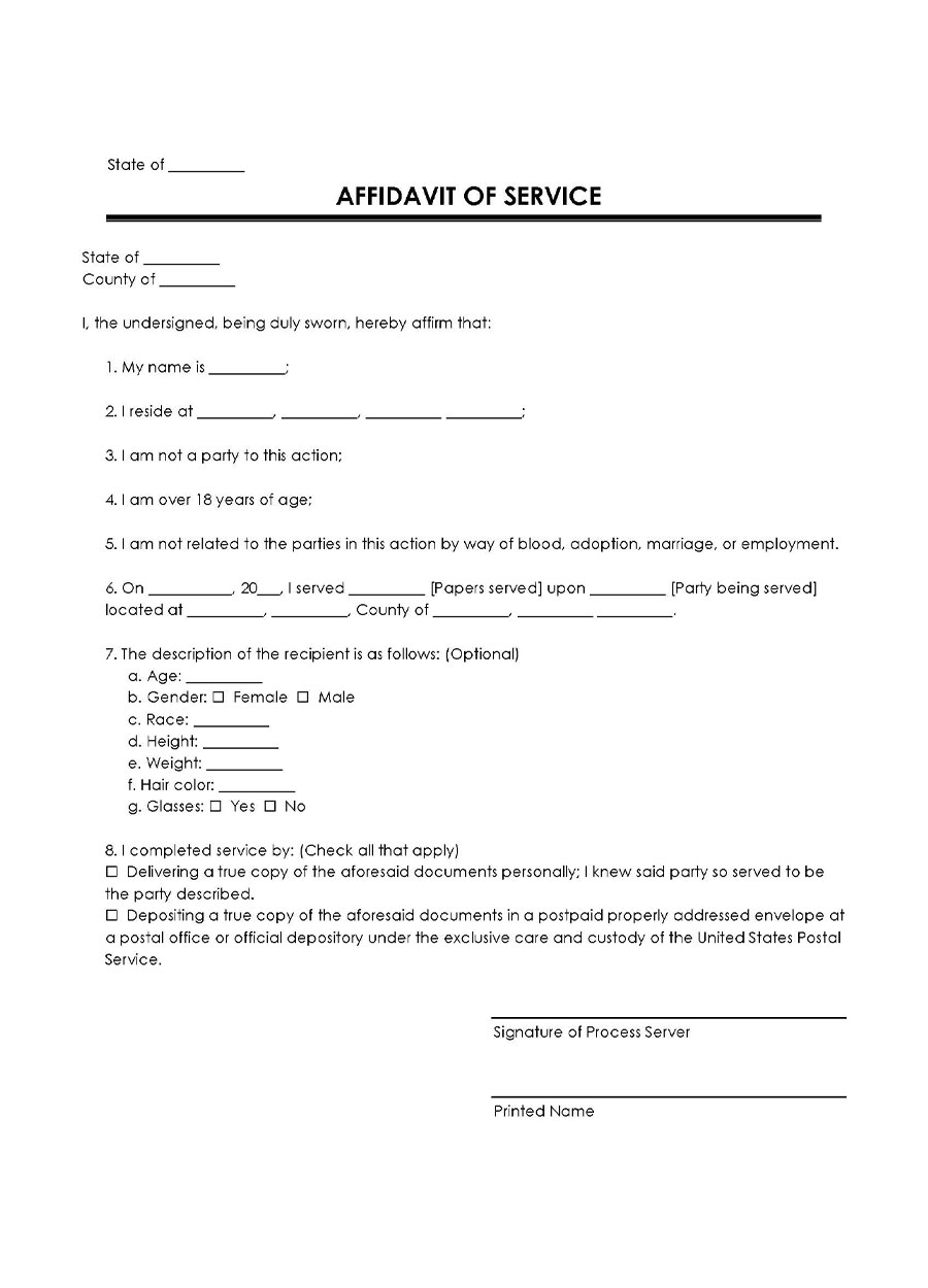 Free Comprehensive Affidavit of Service Form for Word Format