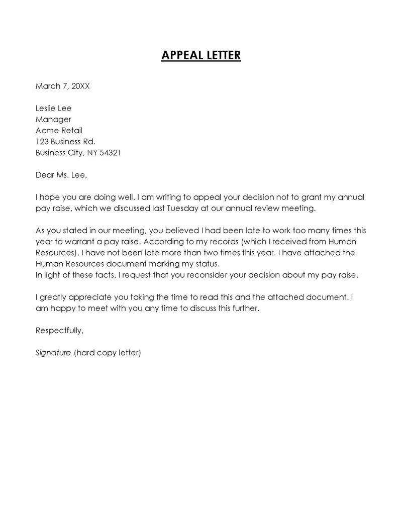 Professional Printable Annual Pay Raise Appeal Letter Sample as Word Document