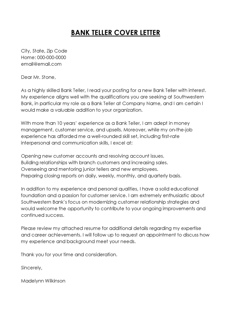 bank teller cover letter sample no experience