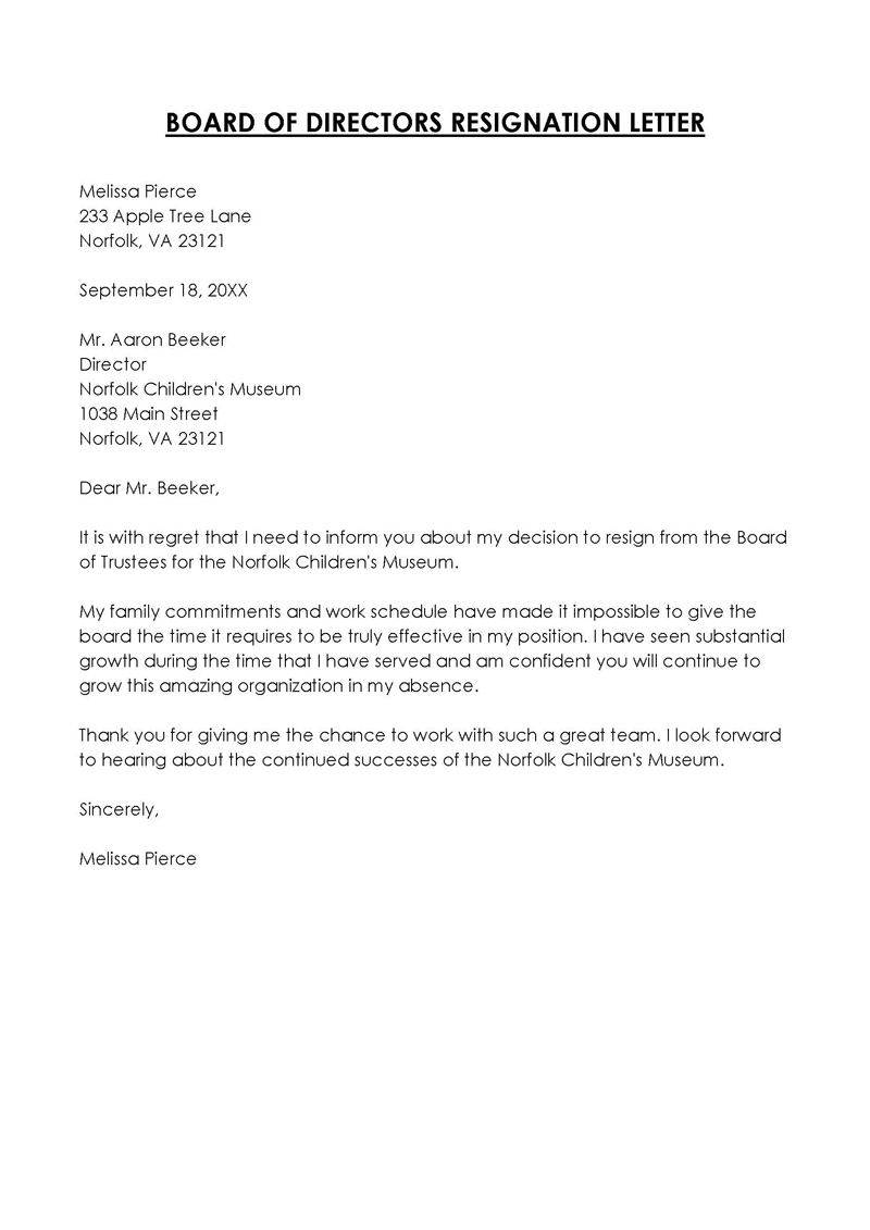 Free Board Resignation Letter Example 03 for Word