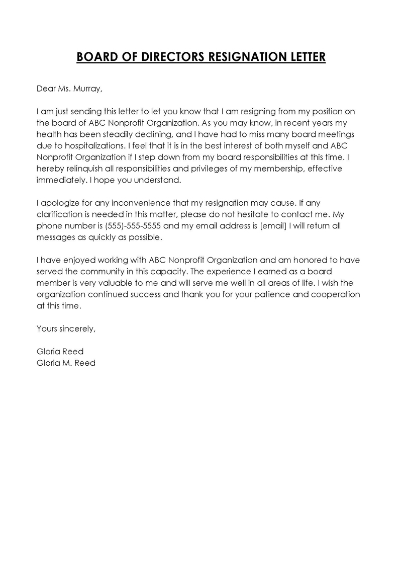resignation letter from volunteer board position