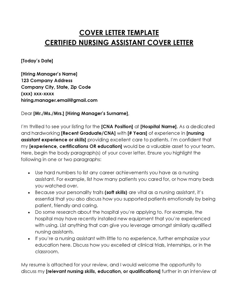 Free Editable Certified Nursing Assistant Cover Letter Template 01 as Word File