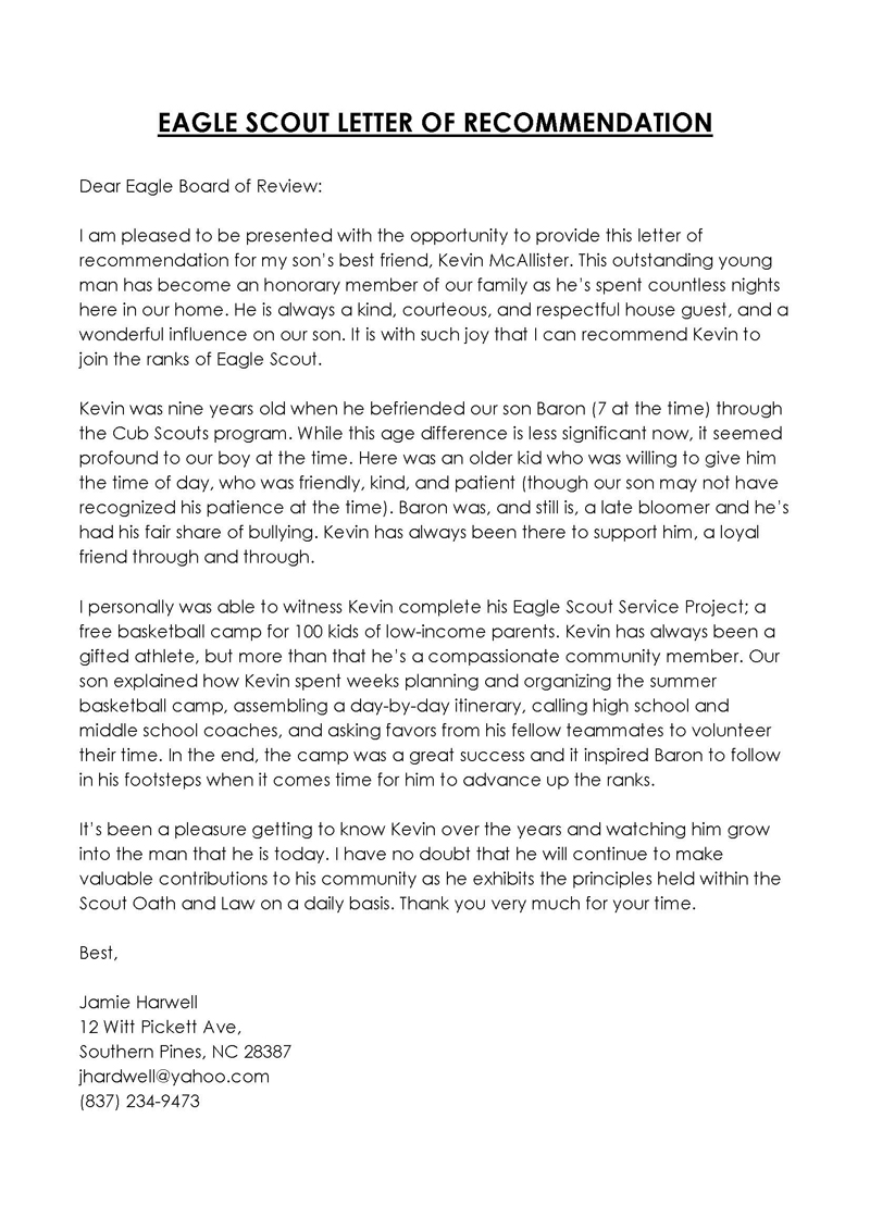 Printable Eagle Scout Letter of Recommendation Example 08
