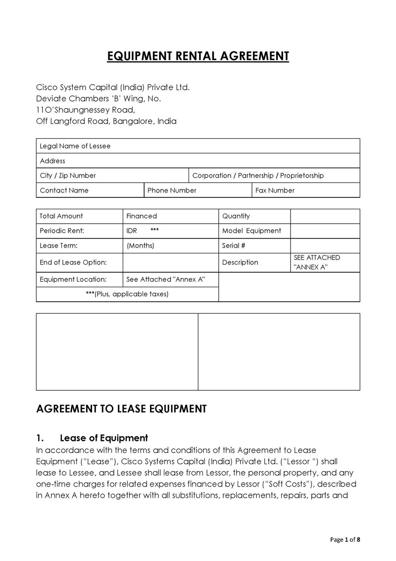 Free Downloadable Equipment Rental Agreement Sample 01 for Word Document