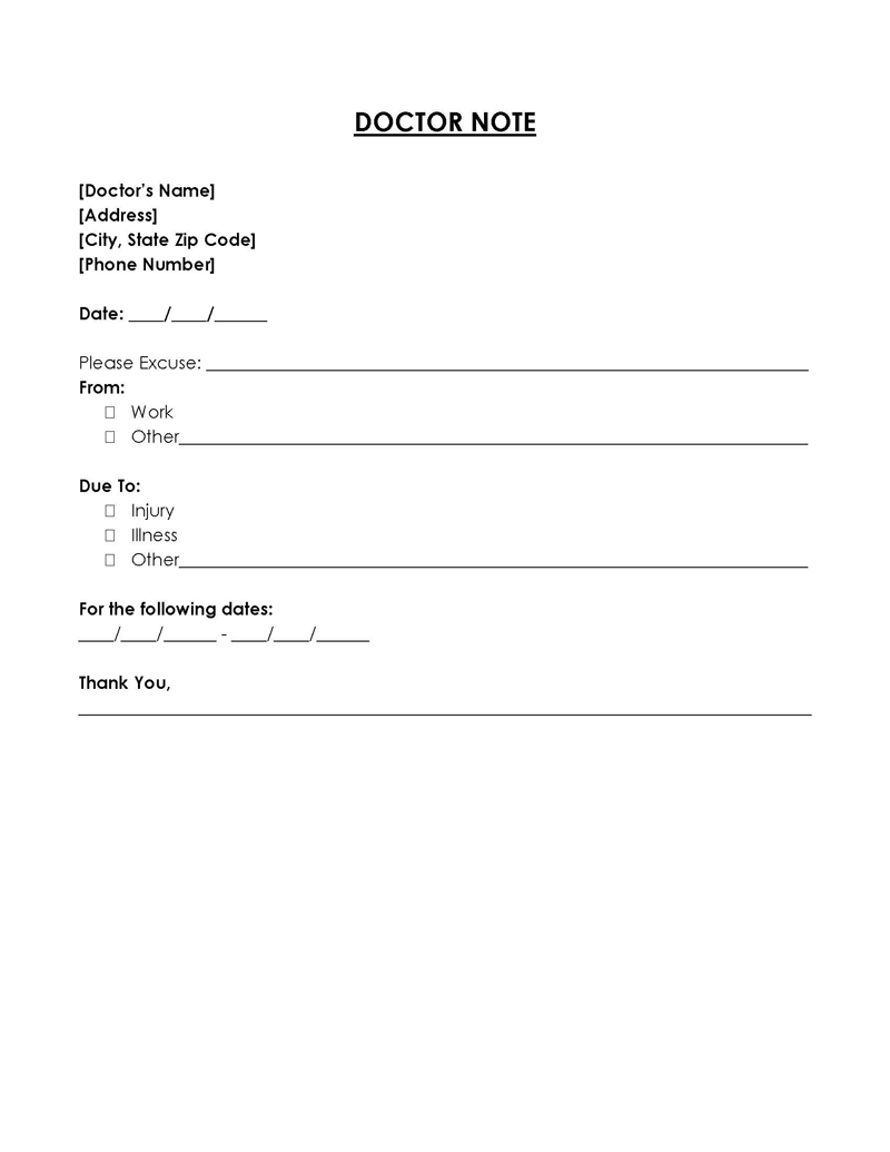 Doctor Note Template - Editable Word Document Example