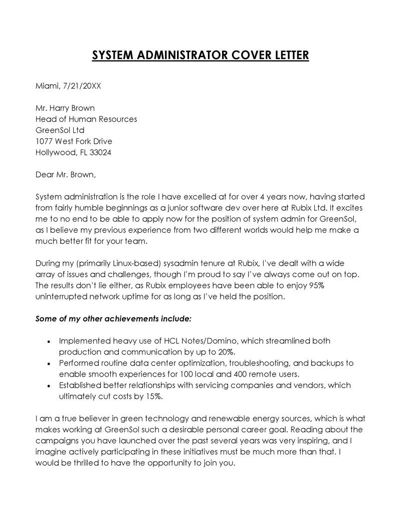 Free System Administrator Cover Letter Example 01 in Word Format