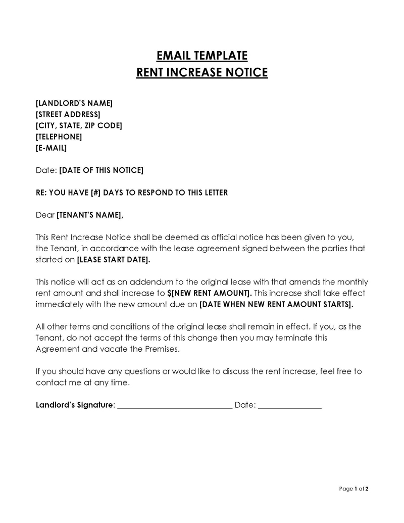 Free Rent Increase Notice Example - Printable Form