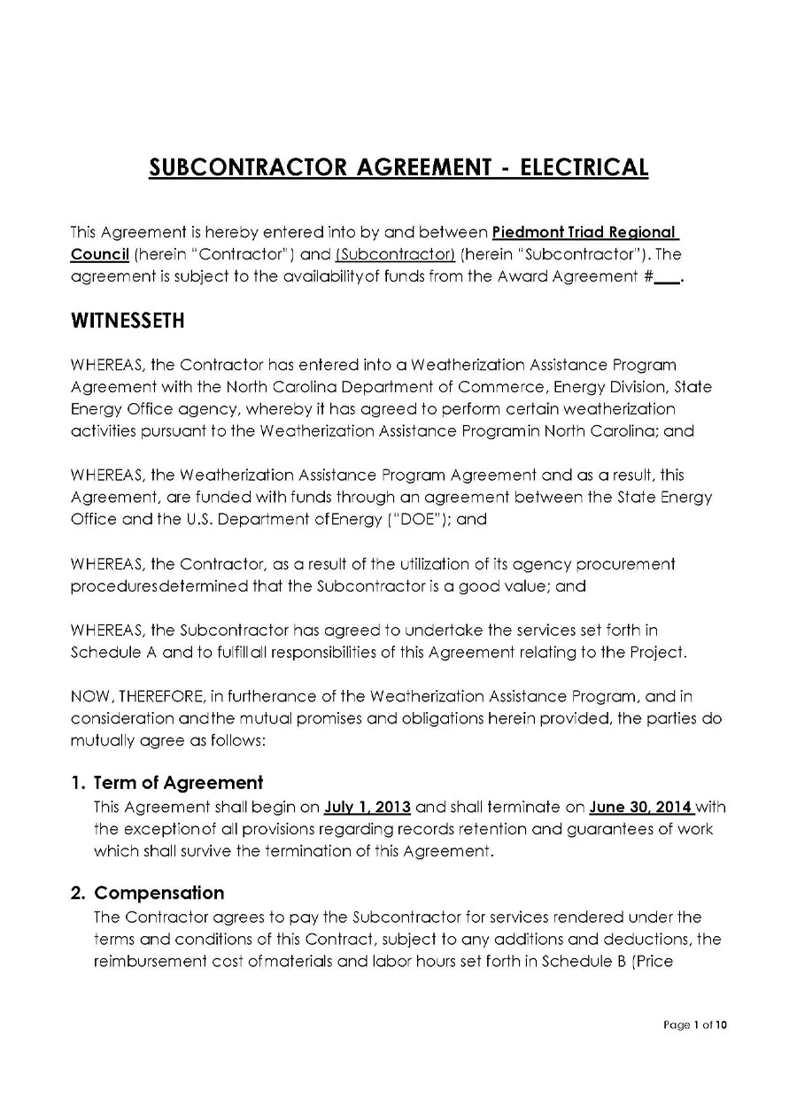 Subcontractor Agreement Electrical Template Free