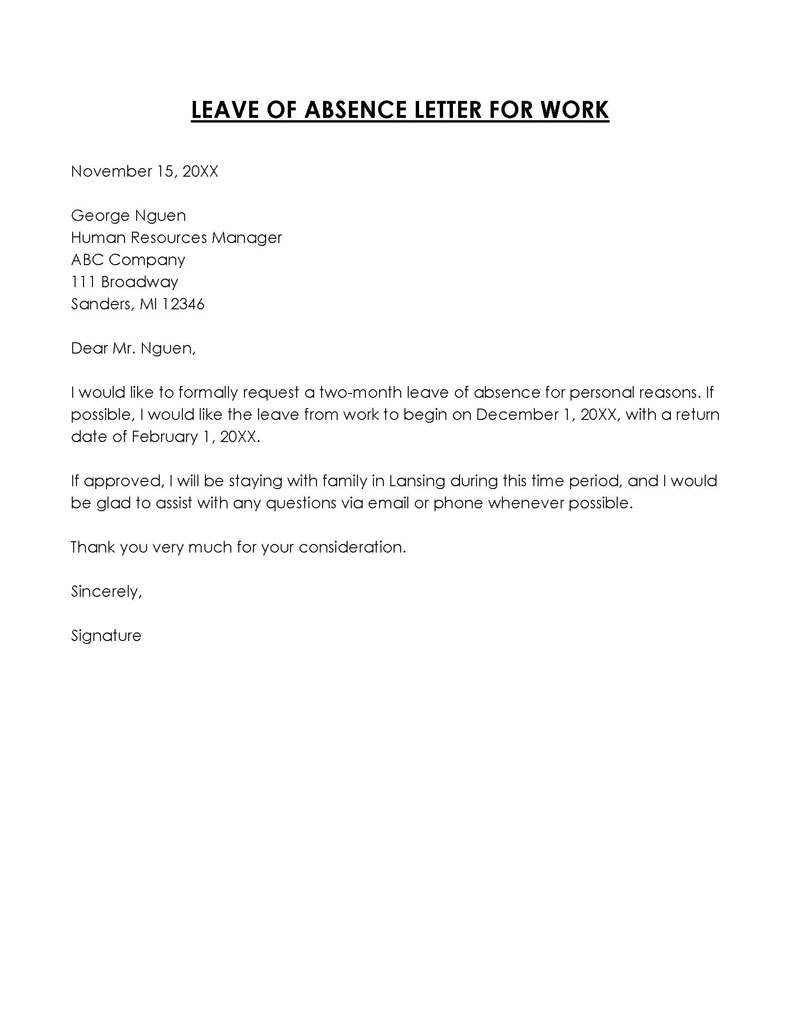 sample letter of leave of absence from work due to emergency 